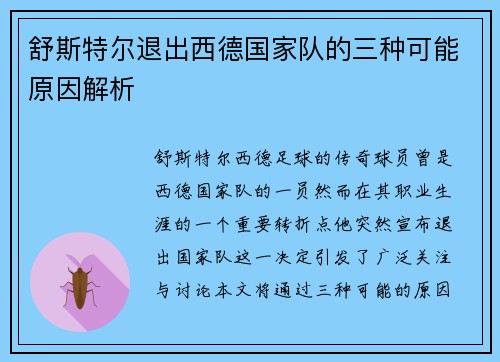 舒斯特尔退出西德国家队的三种可能原因解析